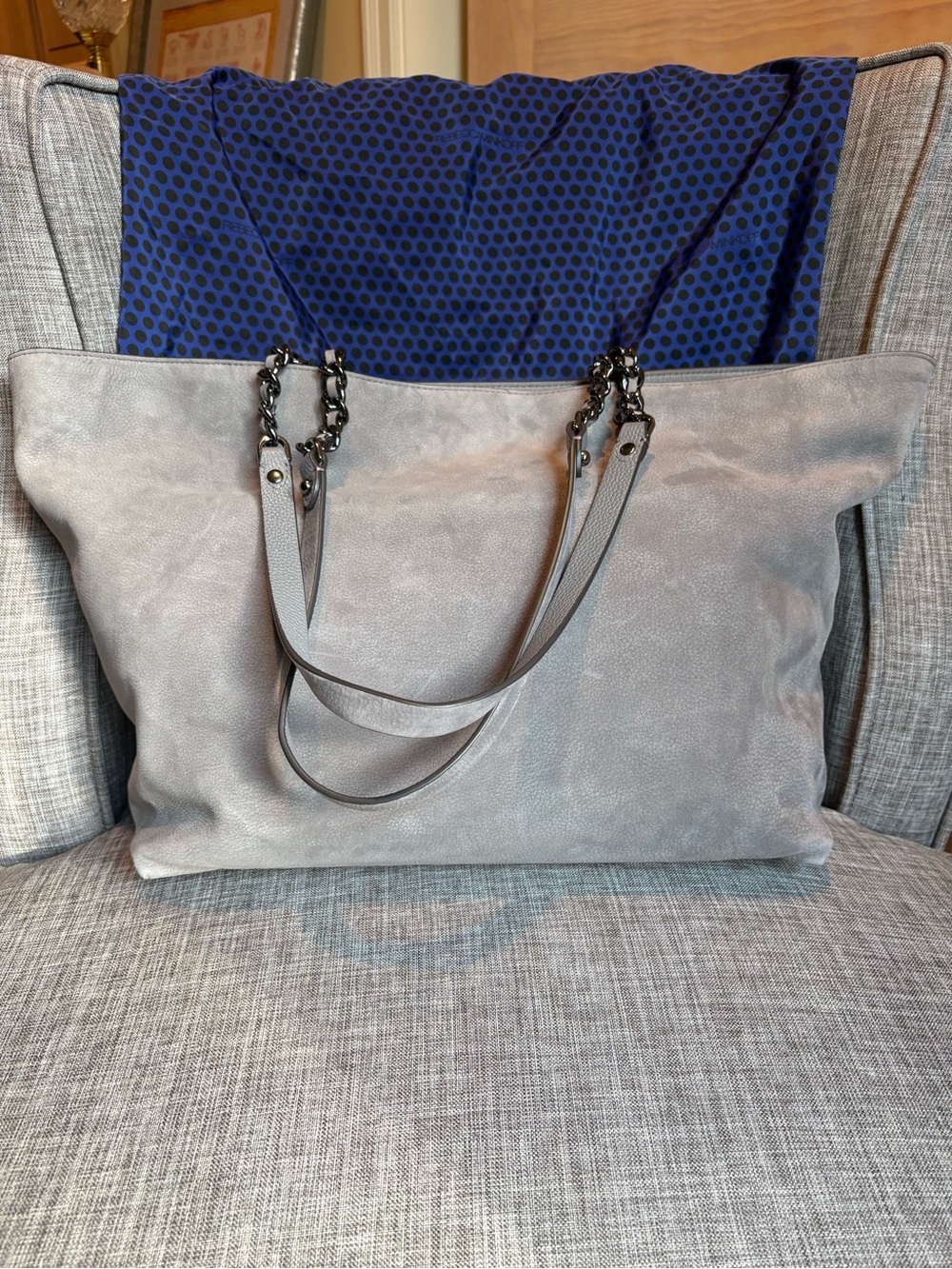 Rebecca Minkoff Light Gray Suede Chain-Accent Tote With Dust Bag